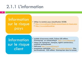 2.1.1 L’information
9
• Utiliser la notation pays (classification OCDE)
• http://www.coface.fr/Etudes-economiques-et-risque-pays
• http://www.credimundi.be
Information
sur le risque
pays
• sociétés d’assurance-crédit, Coface (50 millions
d’entreprises ex cofacerating.fr http://www.elliscore.fr)
• réseau de l’entreprise : banques, agents commerciaux,
syndicats professionnels
• Ubifrance http://www.ubifrance.fr
• prestataires spécialisés : http://www.intuiz.altares.fr/ (Dun
and Bradstreet, 220 millions d’entreprises dans le monde)
Information
sur le risque
client
 
