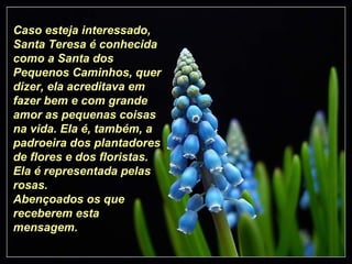 Caso esteja interessado, Santa Teresa é conhecida como a Santa dos Pequenos Caminhos, quer dizer, ela acreditava em fazer bem e com grande amor as pequenas coisas na vida. Ela é, também, a padroeira dos plantadores de flores e dos floristas. Ela é representada pelas rosas. Abençoados os que receberem esta mensagem. 