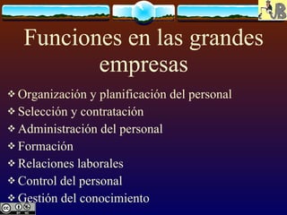Funciones en las grandes empresas Organización y planificación del personal Selección y contratación Administración del personal Formación Relaciones laborales Control del personal Gestión del conocimiento 