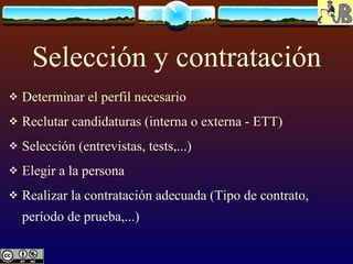 Selección y contratación Determinar el perfil necesario Reclutar candidaturas (interna o externa - ETT) Selección (entrevistas, tests,...) Elegir a la persona Realizar la contratación adecuada (Tipo de contrato, período de prueba,...) 