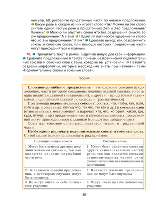 58
ния упр. 68: разберите придаточные части по членам предложения.
Какую роль в каждой из них играет слово что? Можно ли это слово
считать одной частью речи в придаточных 2-го и 3-го предложений?
Почему? Можно ли опустить слово что без разрушения смысла во
2-м предложении? А в 3-м? Падает ли логическое ударение на слово
что во 2-м предложении? В 3-м? Сделайте вывод: как разграничить
союзы и союзные слова, при помощи которых придаточные части
могут присоединяться к главным.
70. Прочитайте текст в рамке. Выделите новую для себя информацию.
Сравните предложенные в тексте приёмы разграничения подчинитель-
ных союзов и союзных слов с теми, которые вы установили. Назовите
разделы морфологии, которые необходимо знать при изучении темы
«Подчинительные союзы и союзные слова».
Теория
Сложноподчинённое предложение – это сложное союзное пред-
ложение, части которого соединены подчинительной связью, то есть
одна является главной (независимой), а другая – придаточной (зави-
симой, подчинённой главной по смыслу и грамматически).
При помощи подчинительных союзов (простых: что, чтобы, как, если,
хотя и др. и составных: потому что, так что, так как и др.) и союзных слов
(относительных местоимений и наречий кто, что, который, какой, где,
куда, откуда и др.) придаточные части сложноподчинённых предложе-
ний могут присоединяться к главным (или другим придаточным).
Союз или союзное слово располагается только в придаточной
части.
Необходимо различать подчинительные союзы и союзные слова.
С этой целью можно использовать ряд приёмов.
Подчинительные союзы Союзные слова
1. Могут быть замены другими под-
чинительными союзами, так как
являются словами служебной
части речи.
1. Могут быть заменены словами
других самостоятельных частей
речи, так как являются словами
самостоятельных частей речи
(относительными местоимениями и
наречиями).
2. Не являются членами предложе-
ния, в некоторых случаях могут
быть опущены.
2. Являются членами предложе-
ния, не могут быть опущены.
3. Не могут иметь на себе логиче-
ское ударение.
3. Могут иметь на себе логическое
ударение.
 