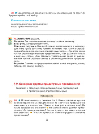63
78. Самостоятельно дополните перечень ключевых слов по теме § 8.
Аргументируйте свой выбор.
Ключевые слова темы.
сложноподчинённое предложение
место придаточной части
79. ЖИЗНЕННАЯ ЗАДАЧА
Ситуация. Составление памятки для подготовки к экзамену.
Ваша роль. Авторы-разработчики.
Описание ситуации. Вам необходимо подготовиться к экзамену.
Для этого нужно составить памятки по темам: «Как найти в сложно-
подчинённом предложении придаточную часть», «Средства связи
частей сложноподчинённого предложения», «Как различить союзы
и союзные слова», «Как отличить указательные слова от омони-
мичных частей сложных союзов в сложноподчинённом предложе-
нии».
Результат. Памятки по предложенным темам в виде алгоритма, схемы,
таблицы (по вашему выбору).
§ 9. Основные группы придаточных предложений
Значение и строение сложноподчинённых предложений
с придаточными определительными
Наблюдение
 80. Познакомьтесь со схемами I и II. Какие основные группы
сложноподчинённых предложений по значению традиционно
выделяются в синтаксисе? Какие из них уже известны вам? На
какие вопросы они отвечают? На сколько видов делятся прида-
точные обстоятельственные? Как вы думаете, на какие вопросы
они отвечают? По каким признакам можно определить значение
придаточных?
 