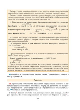 73
Придаточные изъяснительные отвечают на вопросы косвенных
падежей, которые ставятся от поясняемого слова в главной части.
Придаточные изъяснительные присоединяются к поясняемому
слову при помощи союзов что, как, будто, как будто, чтобы, союзных
слов что, кто, когда, где и др. и союза-частицы ли:
1) Я был уверен, что виною всему было самовольное моё отсутствие из
Оренбурга. [ ... глаг.], (с. что ...). 2) Генерал осведомился, не сын ли я
Андрея Петровича Гринёва. (А.С. Пушкин) [ ... глаг.], (с.-ч. ли ...). 3) Она не
знала, куда ей идти. [ … глаг.] , (с. слово куда … ). (А.И. Куприн)
В главной части при поясняемых словах может быть указательное
слово то в разных формах, которое служит для выделения содержа-
ния придаточной части.
Он говорил о лете и о том, что быть поэтом женщине – нелепость.
(А.А. Ахматова)
[… глаг. о том], (с. что …).
Придаточные изъяснительные располагаются после поясняемого
слова, реже – перед ним.
Что он дурной человек, я не могу сказать … (А.П. Чехов)
(с. что … ), [ ].
Придаточные изъяснительные могут служить для передачи кос-
венной речи. Косвенные сообщения выражаются с помощью союзов
что, как, будто, косвенные побуждения – с помощью союза чтобы, кос-
венные вопросы – с помощью союзных слов и союза-частицы ли.
Составьте и запишите план текста в рамке. Сравните его с планом к
тексту в рамке § 8.
Практика
96. Прочитайте. Спишите, расставляя недостающие запятые. Ис-
пользуя составленный вами план текста из упр. 95, докажите, что все дан-
ные предложения – сложноподчинённые с придаточными изъяснительны-
ми. Составьте схемы предложений.
1. Вижу3 Азамат что тебе больно понравилась эта лошадь… 2. Вот
раз приехал Казбич и спрашивает не нужно ли баранов и мёда1…
в чём?
чего?
о чём том?
что?
о чём?
 