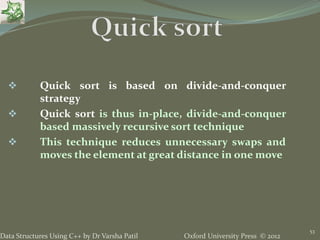 Oxford University Press © 2012Data Structures Using C++ by Dr Varsha Patil
53
 Quick sort is based on divide-and-conquer
strategy
 Quick sort is thus in-place, divide-and-conquer
based massively recursive sort technique
 This technique reduces unnecessary swaps and
moves the element at great distance in one move
 