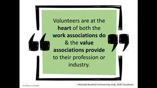 Volunteers are at the
heart of both the
work associations do
& the value
associations provide
to their profession or
industry.
© Showeet.com template
> Mutually Beneficial Volunteering study, ASAE Foundation
 