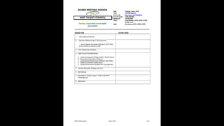 BOARD MEETING AGENDA
NIGP TALENT COUNCIL
Develop, support and promote public
procurement
Date: Tuesday, June 5, 2018
Time: 3:00 PM (eastern)
Zoom Link: https://zoom.us/j/7769528553
If no PC Audio: 1-646-558-8665
Meeting ID: 776 952 8553
Chair: Carrie Mathes, CPPO, CPPB, CFCM,
C.P.M., A.P.P.
Staff: Rick Grimm CPPO, CPPB, FCIPS
AGENDA ITEM ACTION TAKEN
1. Call to Order and Roll Call
2. Approval of Minutes of April 3, 2018 (attached)
“…move to approve the minutes of the April 3, 2018 Talent
Council meeting as prepared by staff”
3. Chair Updates (Carrie Mathes)
4. Talent Council Committee Reports
A. Leadership Assessment (Peggy Hoffman, Russell Pankey)
B. Mentorship (Charles Smith, Art Moore)
C. Leadership Development (Aaron Wolowiec, Keith Ashby)
D. Pipeline & Placement (Theresa Webb)
E. Outreach & Recruitment (Danielle Hinz, Greg Spearman)
5. Volunteer Recognition Strategy (attached)
6. New Business
7. Next Meeting: Tuesday, August 7, 2018 at 3:00 PM ET
(Teleconference)
8. Adjournment
NIGP Talent Council June 5, 2018 1 of 5
 