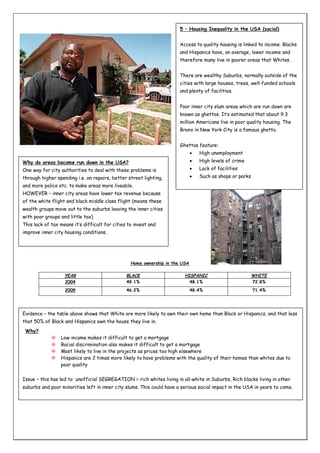 5 – Housing Inequality in the USA (social)
Access to quality housing is linked to income. Blacks
and Hispanics have, on average, lower income and
therefore many live in poorer areas that Whites.
There are wealthy Suburbs, normally outside of the
cities with large houses, trees, well-funded schools
and plenty of facilities.
Poor inner city slum areas which are run down are
known as ghettos. It’s estimated that about 9.3
million Americans live in poor quality housing. The
Bronx in New York City is a famous ghetto.
Ghettos feature:


High unemployment

Why do areas become run down in the USA?



High levels of crime

One way for city authorities to deal with these problems is



Lack of facilities

through higher spending i.e. on repairs, better street lighting,



Such as shops or parks

and more police etc. to make areas more liveable.
HOWEVER – inner city areas have lower tax revenue because
of the white flight and black middle class flight (means these
wealth groups move out to the suburbs leaving the inner cities
with poor groups and little tax)
This lack of tax means it’s difficult for cities to invest and
improve inner city housing conditions.

Home ownership in the USA
YEAR
2004

BLACK
49.1%

HISPANIC
48.1%

WHITE
72.8%

2009

46.2%

48.4%

71.4%

Evidence – the table above shows that White are more likely to own their own home than Black or Hispanics, and that less
that 50% of Black and Hispanics own the house they live in.
Why?





Low income makes it difficult to get a mortgage
Racial discrimination also makes it difficult to get a mortgage
Most likely to live in the projects as prices too high elsewhere
Hispanics are 2 times more likely to have problems with the quality of their homes than whites due to
poor quality

Issue – this has led to unofficial SEGREGATION = rich whites living in all-white in Suburbs, Rich blacks living in other
suburbs and poor minorities left in inner city slums. This could have a serious social impact in the USA in years to come.

 