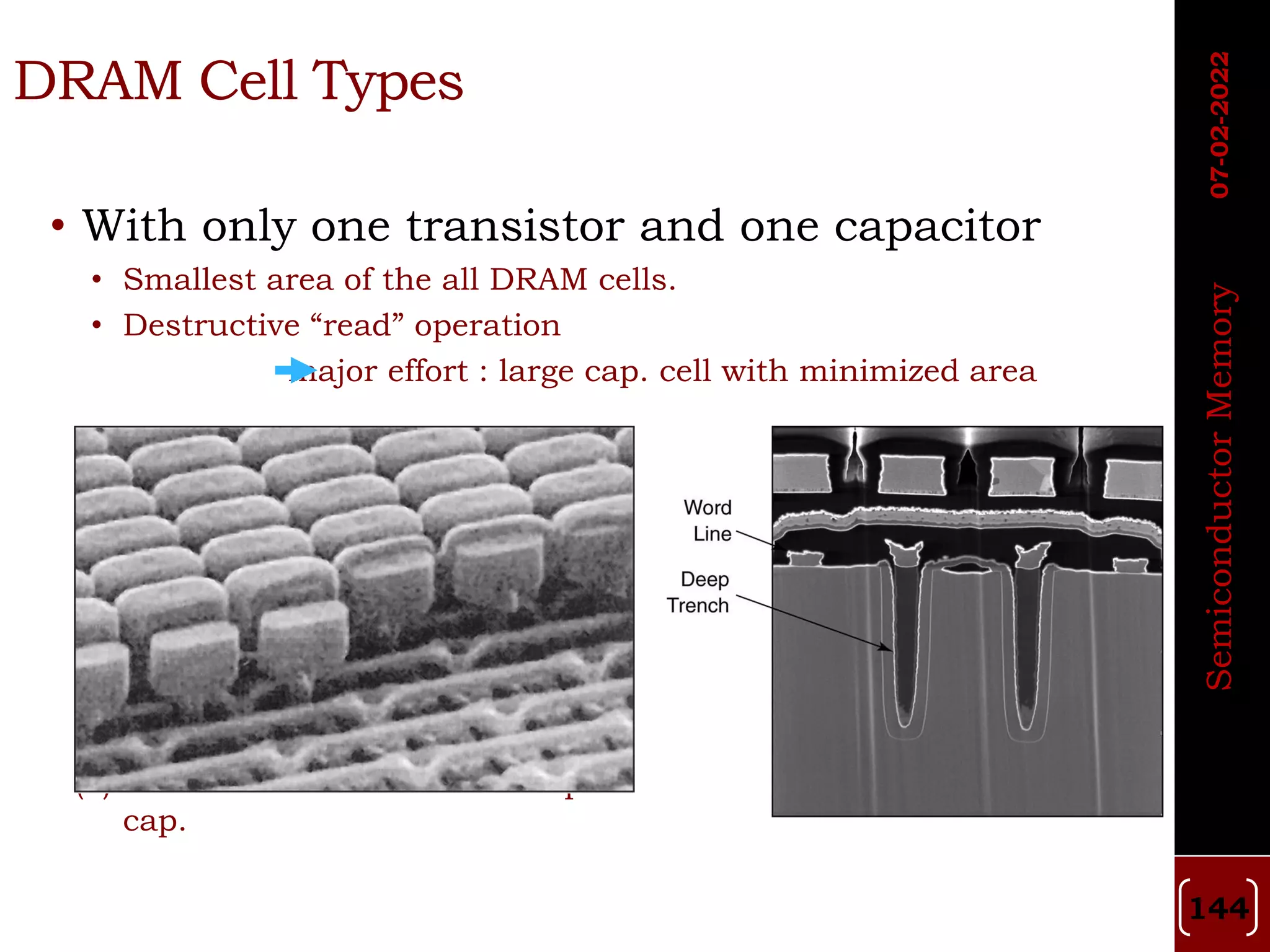 • With only one transistor and one capacitor
• Smallest area of the all DRAM cells.
• Destructive “read” operation
major effort : large cap. cell with minimized area
(a) DRAM cell with a stacked cap. (b) DRAM cell with a trench
cap.
DRAM Cell Types
07-02-2022
Semiconductor
Memory
144
 
