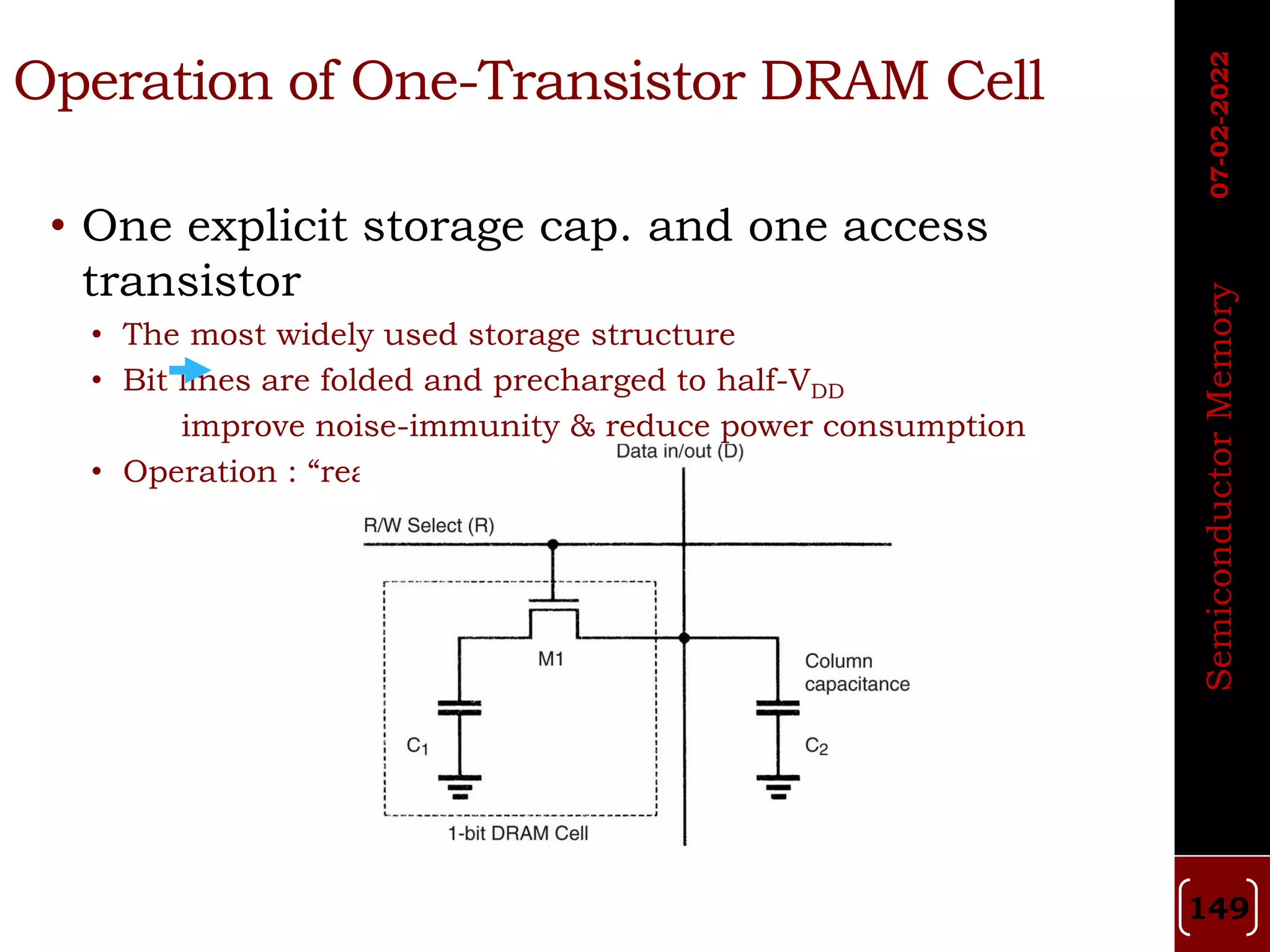 • One explicit storage cap. and one access
transistor
• The most widely used storage structure
• Bit lines are folded and precharged to half-VDD
improve noise-immunity & reduce power consumption
• Operation : “read”, “write”, “refresh”
Operation of One-Transistor DRAM Cell
07-02-2022
Semiconductor
Memory
149
 