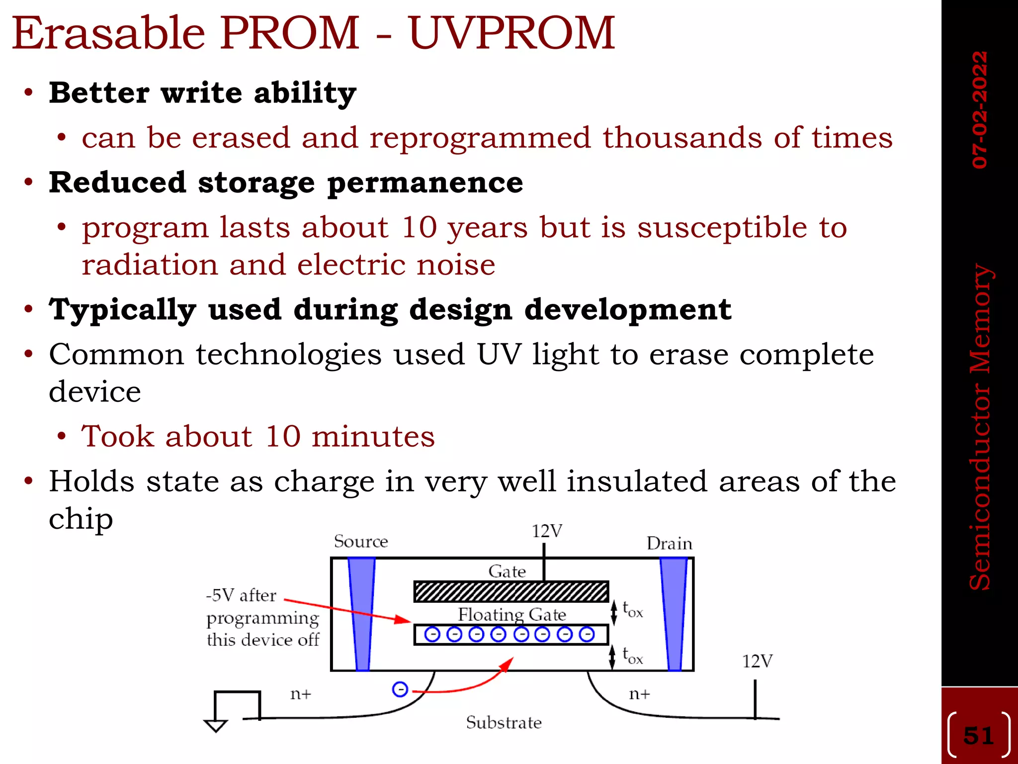 Erasable PROM - UVPROM
• Better write ability
• can be erased and reprogrammed thousands of times
• Reduced storage permanence
• program lasts about 10 years but is susceptible to
radiation and electric noise
• Typically used during design development
• Common technologies used UV light to erase complete
device
• Took about 10 minutes
• Holds state as charge in very well insulated areas of the
chip
Semiconductor
Memory
07-02-2022
51
 