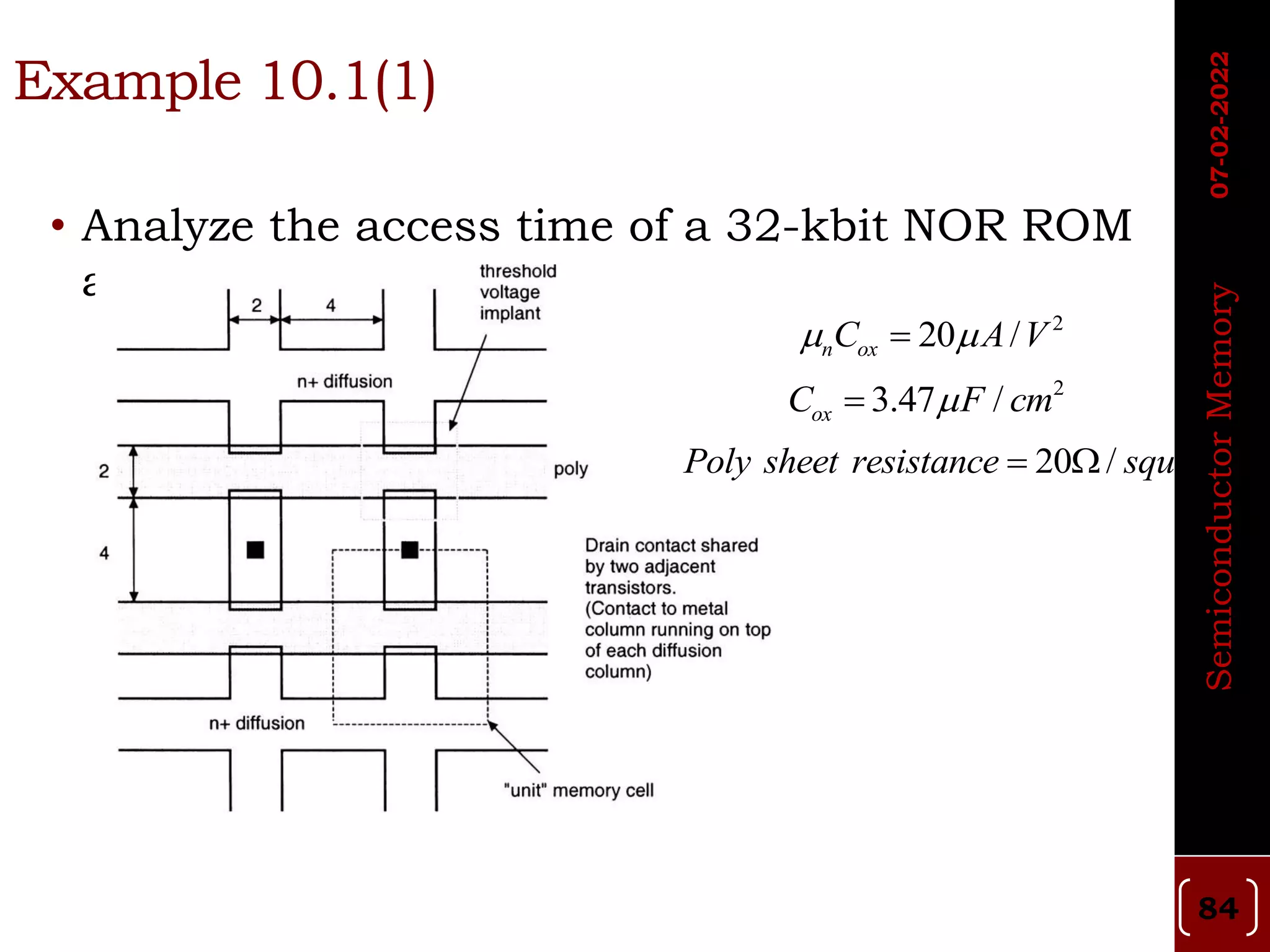 • Analyze the access time of a 32-kbit NOR ROM
array
Example 10.1(1)
2
20 /
n ox
C A V
 

2
3.47 /
ox
C F cm


20 /
Poly sheet resistance square
 
07-02-2022
Semiconductor
Memory
84
 