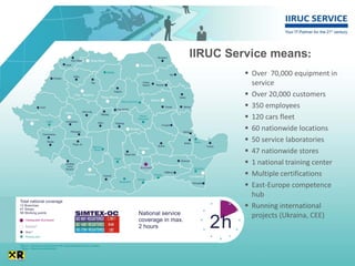 IIRUC Service means:
          Over 70,000 equipment in
           service
          Over 20,000 customers
          350 employees
          120 cars fleet
          60 nationwide locations
          50 service laboratories
          47 nationwide stores
          1 national training center
          Multiple certifications
          East-Europe competence
           hub
          Running international
           projects (Ukraina, CEE)
 
