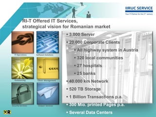 RI-T Offered IT Services,
           strategical vision for Romanian market
                                          3.000 Server
                                          20.000 Corporate Clients
                                              All highway system in Austria
  IT Operations     Software Solutions
                                              320 local communities
                                              27 hospitals
                                              25 banks
  Outsourcing        Client Management
                                          40.000 km Network
                                          520 TB Storage
                                          1 Billion Transactions p.a.
Security Services    Output Services      300 Mio. printed Pages p.a.
                                          Several Data Centers
 