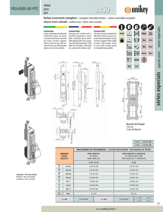 323
www.unikey.ind.br
20.1
sériesespeciaisspecialseriesseriesespeciales
cinza
grey
gris
Construção
Corpoemaçanetaempoliamida
6 RAL7035. Inserto em zamac
cromado.Travamento reversível
em zamac zincado. Lingueta
LP45 e vareta em aço 1020 zin-
cado.Pinoemaço1020zincado,
opção em inox sob consulta.
Construction
Housing and handle built in
RAL7035 polyamide 6. Insert
built in chromed zamac. Rever-
sible locking built in zinc zamac.
CamLP45androdsbuiltin1020
steel zinc.Pin built in 1020 steel
zinc, opcional in stainless steel.
Construcción
Carcasaymanijaenpoliamida6
RAL7035.Inserto en zamac cro-
mado.Trabareversibleenzamac
cincado.LengüetaLP45yvarilla
en acero 1020 cincado. Perno
en acero 1020 cincado, opción
en inoxidable bajo pedido.
fechos reversíveis europlast – europlast reversible latches – cierres reversibles europlast
chaves trava cadeado – padlock keys – llaves traba candado
FR2x50EE-EK-PTC
2x50
INSERTO
INSERT
INSERTO
MECANISMO DE TRAVAMENTO – LOCKING MECHANISM – MECANISMO DE TRABA
POR VARETAS
BY RODS
POR VARILLAS
POR VARETAS E LINGUETA
BY RODS AND CAM
POR VARILLAS Y LENGÜETA
D 20 / D 25 D 20
FE-2,0 C18.181.E00 C18.181.320
UN-D3 C18.781.E00 C18.781.320
QD-8,0 C18.381.E00 C18.381.230
TR-8,0 C18.481.E00 C18.481.320
SE-11 C18.881.E00 C18.881.320
SI-6,0 C18.981.E00 C18.981.320
CW-11 C18.K81.E00 C18.K81.320
ts Max 3,2 mm 6,0 mm
L = 45 C18.181.320 L ≠ 45 C18.181.y20
L = 35 y = 6
L = 55 y = 9
Recorte de ﬁxação
Cut out
Corte de ﬁjación
Cadeado nº 40, não incluso.
Padlock nº 40, not included.
Candado nº 40, no incluído.
D=20 C18.181.320
D=25 C18.181.325
 