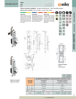 325
www.unikey.ind.br
20.1
sériesespeciaisspecialseriesseriesespeciales
cinza
grey
gris
Construção
Corpo e maçaneta em polia-
mida 6 RAL7035. Travamento
reversível em zamac zincado.
Lingueta LP45 e vareta em
aço 1020 zincado. Pino em aço
1020 zincado, opção em inox
sob consulta.
Construction
Housing and handle built in
RAL7035 polyamide 6. Reversi-
ble locking in zinc zamac. Cam
LP45androdsbuiltin1020steel
zinc. Pin built in 1020 steel zinc,
opcional in stainless steel.
Construcción
Carcasa y manija en poliamida
6 RAL7035. Traba reversible
en zamac cincado. Lengüeta
LP45 y varilla en acero 1020
cincado. Perno en acero 1020
cincado, opción en inoxidable
bajo pedido.
fechos reversíveis europlast – europlast reversible latches – cierres reversibles europlast
yale euro trava cadeado – yale euro padlock – yale euro traba candado
FR2x50EE-EK-PTY
2x50
YALE EURO
YALE EURO
YALE EURO
MECANISMO DE TRAVAMENTO – LOCKING MECHANISM – MECANISMO DE TRABA
POR VARETAS
BY RODS
POR VARILLAS
POR VARETAS E LINGUETA
BY RODS AND CAM
POR VARILLAS Y LENGÜETA
D 20 / D 25 D 20
1p 1s C18.681.E00 C18.681.320
1p Vs C18.E81.E00 C18.E81.320
ts Max 3,2 mm 6,0 mm
L = 45 C18.681.320 L ≠ 45 C18.681.y20
L = 35 y = 6
L = 55 y = 9
Recorte de ﬁxação
Cut out
Corte de ﬁjación
Cadeado nº 40, não incluso.
Padlock nº 40, not included.
Candado nº 40, no incluído.
D=20 C18.681.320
D=25 C18.681.325
 