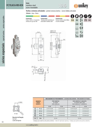 302
Lorem ipsum dolor
Lorem ipsum dolor
Lorem ipsum dolor
www.unikey.ind.br
sériesespeciaisspecialseriesseriesespeciales
20.1
fechos cremona articulado – jointed cremona latches – cierres falleba articulado
chaves – keys – llaves
inox
stainless steel
acero inoxidable
FC19,6CA-RD-ICH
19.6
Construção
Corpo, inserto e travamento
cremona em aço inox 304.
Construction
Housing,insert and locking cre-
mona built in stainless steel.
Construcción
Carcasa, inserto y traba falleba
en acero inoxidable.
INSERTO
INSERT
INSERTO
MECANISMO DE TRAVAMENTO – LOCKING MECHANISM – MECANISMO DE TRABA
POR VARETAS
BY RODS
POR VARILLAS
POR VARETAS E LINGUETA
BY RODS AND CAM
POR VARILLAS Y LENGÜETA
D 20 D 25 D 20 D 25
FE-2,0 2.210.1AA.020 2.210.1AA.025 2.210.1AA.220 2.210.1AA.225
UN-0,0 2.210.2AA.020 2.210.2AA.025 2.210.2AA.220 2.210.2AA.225
QD-8,0 2.210.3AA.020 2.210.3AA.025 2.210.3AA.220 2.210.3AA.225
TR-8,0 2.210.4AA.020 2.210.4AA.025 2.210.4AA.220 2.210.4AA.225
ts Max 3,2 mm 3,2 mm
Códigos para abertura de porta à direita – Codes for right door opening – Códigos para apertura de puerta a derecha.
Recorte de ﬁxação
Cut out
Corte de ﬁjación
 