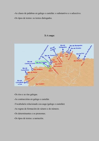 -As clases de palabras en galego e castelán: o substantivo e o adxectivo.
-Os tipos de textos: os textos dialogados.
3) A auga:
-Os ríos e as rías galegas.
-As contraccións en galego e castelán
-Vocabulario relacionado coa auga (galego e castelán)
-As regras de formación do xénero e do número.
-Os determinantes e os pronomes.
-Os tipos de textos: a narración.
 
