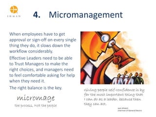 4. Micromanagement
When employees have to get
approval or sign-off on every single
thing they do, it slows down the
workfl...