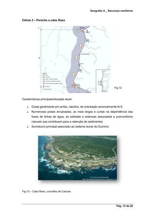 Geografia A _ Recursos marítimos
Pág. 13 de 20
Célula 3 – Peniche a cabo Raso
Fig.12
Caraterísticas principais/situação atual:
Costa geralmente em arriba, calcária, de orientação sensivelmente N-S
Numerosas praias encaixadas, as mais largas e curtas na dependência das
fozes de linhas de água, as estreitas e extensas associadas a promontórios
naturais que contribuem para a retenção de sedimentos
Sumidouro principal associado ao sistema dunar do Guincho
Fig.13 – Cabo Raso, concelho de Cascais
 