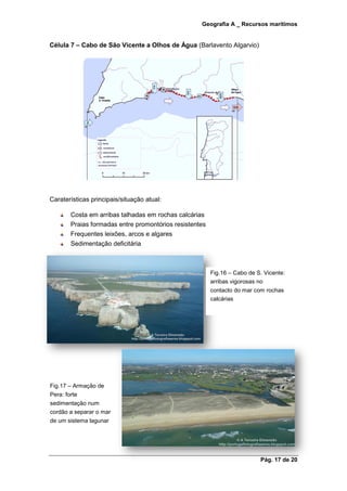 Geografia A _ Recursos marítimos
Pág. 17 de 20
Célula 7 – Cabo de São Vicente a Olhos de Água (Barlavento Algarvio)
Caraterísticas principais/situação atual:
Costa em arribas talhadas em rochas calcárias
Praias formadas entre promontórios resistentes
Frequentes leixões, arcos e algares
Sedimentação deficitária
Fig.16 – Cabo de S. Vicente:
arribas vigorosas no
contacto do mar com rochas
calcárias
Fig.17 – Armação de
Pera: forte
sedimentação num
cordão a separar o mar
de um sistema lagunar
 