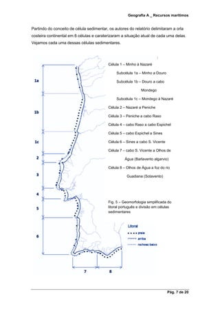 Geografia A _ Recursos marítimos
Pág. 7 de 20
Partindo do conceito de célula sedimentar, os autores do relatório delimitaram a orla
costeira continental em 8 células e caraterizaram a situação atual de cada uma delas.
Vejamos cada uma dessas células sedimentares.
Célula 1 – Minho à Nazaré
Subcélula 1a – Minho a Douro
Subcélula 1b – Douro a cabo
Mondego
Subcélula 1c – Mondego à Nazaré
Célula 2 – Nazaré a Peniche
Célula 3 – Peniche a cabo Raso
Célula 4 – cabo Raso a cabo Espichel
Célula 5 – cabo Espichel a Sines
Célula 6 – Sines a cabo S. Vicente
Célula 7 – cabo S. Vicente a Olhos de
Água (Barlavento algarvio)
Célula 8 – Olhos de Água a foz do rio
Guadiana (Sotavento)
Fig. 5 – Geomorfologia simplificada do
litoral português e divisão em células
sedimentares
 