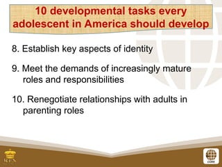 6
8. Establish key aspects of identity
9. Meet the demands of increasingly mature
roles and responsibilities
10. Renegotiate relationships with adults in
parenting roles
10 developmental tasks every
adolescent in America should develop
 
