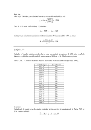 Solución:
Para TR = 200 años, se calcula el valor de la variable reducida y, así:
296.5
199
200
lnlny =











−=
Para N = 50 años, en la tabla 4.14, se tiene:
16.1;55.0y nn == σ
Sustituyendo los anteriores valores en la ecuación 4.99 o de la Tabla 4.15 se tiene:
09.4
16.1
55.0296.5
k =
−
=
Ejemplo 4.16
Calcular el caudal máximo medio diario para un período de retorno de 100 años en el río
Mendoza en Guido, considerando la muestra de la Tabla 4.16 de 20 años de registros.
Tabla 4.16 Caudales máximos medios diarios río Mendoza en Guido (Evarsa, 1997).
Año Hidrológico Caudal (m3
/s)
1977-78 184
1978-79 218
1979-80 130
1980-81 182
1981-82 115
1982-83 398
1983-84 195
1984-85 162
1985-86 129
1986-87 243
1987-88 401
1988-89 140
1989-90 112
1990-91 144
1991-92 201
1992-93 117
1993-94 127
1994-95 195
1995-96 115
1996-97 82
Solución:
Calculando la media y la desviación estándar de la muestra de caudales de la Tabla 4.16, se
tiene como resultado:
89.87;5.179x x == σ
 
