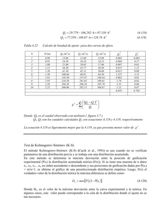 2
1 h138.97h282.106779.29Q ⋅+⋅−= (4.118)
2
2 h78.128h67.188559.77Q ⋅+⋅−= (4.119)
Tabla 4.22 Calculo de bondad de ajuste para dos curvas de aforo.
N H (m) Q0 (m3
/s) Q1 (m3
/s) Q2 (m3
/s) 2
1χ 2
2χ
1 0.90 13.06 12.80 12.06 0.005 0.083
2 0.95 16.50 16.24 14.21 0.004 0.37
3 1.00 21.00 20.63 17.66 0.007 0.63
4 1.15 36.50 35.77 30.56 0.015 1.15
5 1.20 41.30 42.11 36.60 0.015 0.60
6 1.50 100.60 88.91 84.30 1.537 3.15
7 1.82 158.50 157.87 160.44 0.002 0.02
8 1.95 210.20 191.65 199.01 1.79 0.63
9 2.20 286.30 266.10 285.78 1.53 0.00
10 2.25 300.00 282.15 304.67 1.13 0.07
6.035 6.703
( )
∑=







 −
=
N
1i c
2
co2
Q
QQ
χ
Donde: Qo es el caudal observado con molinete ( figura 3.7 )
Q1, Q2 son los caudales calculados Qc con ecuaciones 4.118 y 4.119, respectivamente
La ecuación 4.118 es ligeramente mejor que la 4.119, ya que presenta menor valor de 2
χ .
Test de Kolmogorov-Smirnov (K-S)
El método Kolmogorov-Smirnov (K-S) (Cacik et al., 1991) se usa cuando no se verifican
parámetros de una distribución previa y se trabaja con una distribución acumulada.
En este método se determina la máxima desviación entre la posición de graficación
experimental (Pxi) la distribución acumulada teórica (F(x)). Si se tiene una muestra de n datos
x1, x2, x3....xn en orden ascendente o descendente y sus posiciones de graficación dadas por P(xi)
= m/n+1, se obtiene el gráfico de una preseleccionada distribución empírica. Luego, F(x) el
verdadero valor de la distribución teórica la máxima diferencia se define como:
( ) ( )[ ]io xPxFmaxD −= (4.120)
Donde Do, es el valor de la máxima desviación entre la curva experimental y la teórica. En
algunos casos, este valor puede corresponder a la cola de la distribución donde el ajuste no es
tan necesario.
 
