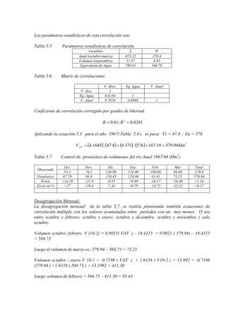 Los parámetros estadísticos de esta correlación son:
Tabla 5.5 Parámetros estadísticos de correlación
Variables x σ
Atuel (octubre-marzo) 673.22 170.4
Volumen (septiembre) 51.97 9.85
Equivalente de Agua 780.83 344.78
Tabla 5.6 Matriz de correlaciones
V. Sbre. Eq. Agua V. Atuel
V. sbre. 1
Eq. Agua 0.6156 1
V. Atuel 0.7028 0.8988 1
Coeficiente de correlación corregido por grados de libertad.
8281.0;91.0 2
== RR
Aplicando la ecuación 5.3 para el año 1967( Tabla 5.4 ) es para: Vs = 47.8 ; Ea = 576
( ) ( ) ( ) ( ) 3
94.57919.167576371.08.471645.4 HmVAT =+⋅+⋅=
Tabla 5.7 Control de pronóstico de volúmenes del río Atuel 1967/68 (Hm3
)
Observado
Oct. Nov. Dic. Ene. Feb. Mar Total
53.5 76.2 130.00 124.00 109.60 89.80 578.8
Pronóstico 67.79 98.0 120.45 124.99 93.43 75.21 579.94
Error +14.29 +21.8 -9.55 +0.99 -16.17 -10.40 +1.14
Error en % +27 +28.6 -7.34 +0.79 -14.75 -12.12 +0.17
Desagregación Mensual:
La desagregación mensual de la tabla 5.7, se realiza planteando también ecuaciones de
correlación múltiple con los valores acumulados entre períodos con un mes menos: O sea
entre octubre y febrero; octubre y enero; octubre y diciembre, octubre y noviembre y solo
octubre.
Volumen octubre/ febrero V (10-2) = 0.9021( VAT ) – 18.4315 = 0.9021 ( 579.94) – 18.4315
= 504,73
Luego el volumen de marzo es: 579.94 – 504.73 = 75.21
Volumen octubre / enero V 10-1 = -0.7198 ( VAT ) + 1.6158 ( V10-2 ) + 13.992 = -0.7198
(579.94 ) +1.6158 ( 504.73 ) + 13.1992 = 411.30
Luego volumen de febrero = 504.73 – 411.30 = 93.43
 