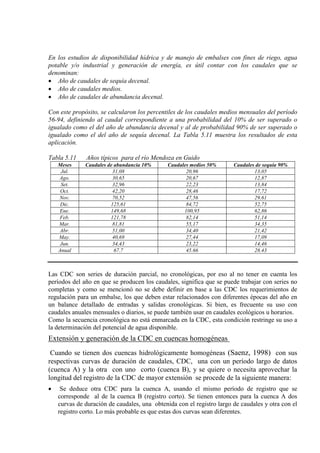 En los estudios de disponibilidad hídrica y de manejo de embalses con fines de riego, agua
potable y/o industrial y generación de energía, es útil contar con los caudales que se
denominan:
• Año de caudales de sequía decenal.
• Año de caudales medios.
• Año de caudales de abundancia decenal.
Con este propósito, se calcularon los percentiles de los caudales medios mensuales del período
56-94, definiendo al caudal correspondiente a una probabilidad del 10% de ser superado o
igualado como el del año de abundancia decenal y al de probabilidad 90% de ser superado o
igualado como el del año de sequía decenal. La Tabla 5.11 muestra los resultados de esta
aplicación.
Tabla 5.11 Años típicos para el río Mendoza en Guido
Meses Caudales de abundancia 10% Caudales medios 50% Caudales de sequía 90%
Jul. 31,08 20,96 13,05
Ago. 30,65 20,67 12,87
Set. 32,96 22,23 13,84
Oct. 42,20 28,46 17,72
Nov. 70,52 47,56 29,61
Dic. 125,61 84,72 52,75
Ene. 149,68 100,95 62,86
Feb. 121,78 82,14 51,14
Mar. 81,81 55,17 34,35
Abr. 51,00 34,40 21,42
May. 40,69 27,44 17,09
Jun. 34,43 23,22 14,46
Anual 67.7 45.66 28.43
Las CDC son series de duración parcial, no cronológicas, por eso al no tener en cuenta los
períodos del año en que se producen los caudales, significa que se puede trabajar con series no
completas y como se mencionó no se debe definir en base a las CDC los requerimientos de
regulación para un embalse, los que deben estar relacionados con diferentes épocas del año en
un balance detallado de entradas y salidas cronológicas. Si bien, es frecuente su uso con
caudales anuales mensuales o diarios, se puede también usar en caudales ecológicos u horarios.
Como la secuencia cronológica no está enmarcada en la CDC, esta condición restringe su uso a
la determinación del potencial de agua disponible.
Extensión y generación de la CDC en cuencas homogéneas
Cuando se tienen dos cuencas hidrológicamente homogéneas (Saenz, 1998) con sus
respectivas curvas de duración de caudales, CDC, una con un período largo de datos
(cuenca A) y la otra con uno corto (cuenca B), y se quiere o necesita aprovechar la
longitud del registro de la CDC de mayor extensión se procede de la siguiente manera:
• Se deduce otra CDC para la cuenca A, usando el mismo período de registro que se
corresponde al de la cuenca B (registro corto). Se tienen entonces para la cuenca A dos
curvas de duración de caudales, una obtenida con el registro largo de caudales y otra con el
registro corto. Lo más probable es que estas dos curvas sean diferentes.
 