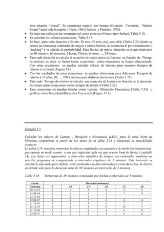 sóla estación “virtual”. Se reemplaza espacio por tiempo (Estación –Tormenta “Station
Storm”) para toda la región ( Chow, 1964; Farmer y Fletcher, 1972).
• Se hace una tabla con las tormentas tal como están en el banco (por fechas), Tabla 5.18.
• Se calculan los valores acumulados, Tabla 5.19.
• Se hace, para cada duración (10 min, 20 min, 30 min, etc), una tabla (Tabla 5.20) donde se
ponen las tormentas ordenadas de mayor a menor lámina, se determina el posicionamiento o
“ranking” y se calcula la probabilidad. Para lluvias de mayor duración se eligen intervalos
de 30 minutos, 60 minutos, 2 horas, 3 horas, 6 horas, ..., 24 horas.
• Para cada duración se calcula la ecuación de mejor ajuste de Lamina en función de Tiempo
de retorno; es decir se tienen tantas ecuaciones como duraciones se hayan seleccionado.
Con estas ecuaciones se pueden calcular valores de laminas para mayores tiempos de
retorno si se desea (Figura 5.8).
• Con los resultados de estas ecuaciones se pueden seleccionar para diferentes Tiempos de
retorno ( 10 años, 20, ..., 200 ) laminas para distintas duraciones (Tabla 5.21).
• Para cada Tiempo de retorno se calcula una ecuación de Lamina en función de la duración.
Se tienen tantas ecuaciones como tiempos de retorno (Tabla 5.22).
• Esas ecuaciones se pueden tabular como Lamina –Duración- Frecuencia (Tabla 5.23) o
graficar como Intensidad-Duración- Frecuencia (Figura 11.1)
Ejemplo 5.5
Calcular los valores de Lamina - Duración y Frecuencia (LDF), para la zona Norte de
Mendoza (Argentina), a partir de los datos de la tabla 5.18 y siguiendo la metodología
expuesta.
La tabla 5.18 muestra tormentas históricas registradas en estaciones de medición telemétricas
que operan en modo evento o sea que registran cada vez que ocurre 1mm de lluvia. ( capítulo
14). Los datos así registrados a intervalos variables de tiempo, son ordenados mediante un
sencillo programa de computación a intervalos regulares de 5 minutos. Este intervalo se
considera adecuado para definir estas tormentas de alta intensidad y corta duración. Se ilustra
en detalle solo para la duración total de 30 minutos en intervalos de 5 minutos.
.
Tabla 5.18 Tormentas de 30 minutos ordenadas por fechas a intervalos de 5 minutos
Fecha Duración (minutos)
Tormenta 5 10 15 20 25 30
30-12-83 1 2 3 4 3 0
03-03-84 1 0 1 3 7 6
22-12-84 4 1 2 1
17-01-85 1 1 2 6 8 4
21-11-85 1 3 3 3 2 2
28-12-85 1 4 8 11 13 7
31-12-86 1 5 6 4 8 11
02-03-87 1 1 5 8 6 11
 