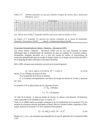 Tabla 5.23 Láminas puntuales en mm para distintos tiempos de retorno (TR) y duraciones
(Mendoza- norte )
TR
(años)
Duración (minutos)
5 10 15 20 25 30 35 40 45 50 55 60 65 70 75 80 85 90
5 15.7 28.0 35.2 40.3 44.3 47.5 50.3 52.7 54.8 56.6 58.3 59.9 61.3 62.6 63.8 65.0 66.1 67.1
10 18.5 33.0 41.4 47.4 52.0 55.8 59.0 61.8 64.2 66.4 68.4 70.2 71.9 73.4 74.9 76.2 77.5 78.7
25 23.7 40.8 50.8 57.9 63.4 67.9 71.7 75.0 77.9 80.5 82.8 85.0 87.0 88.8 90.5 92.1 93.6 95.0
50 27.3 46.6 57.9 66.0 72.2 77.3 81.6 85.3 88.6 91.5 94.2 96.6 98.8 100.9 102.8 104.6 106.3 107.9
100 31.6 53.3 66.1 75.1 82.1 87.8 92.7 96.9 100.6 103.9 106.9 109.6 112.1 114.5 116.6 118.6 122.3 122.3
200 36.0 60.2 74.4 84.4 92.2 96.6 104.0 106.7 112.8 116.5 119.8 122.8 125.6 128.2 130.6 132.9 135.0 137.0
Los valores de la Tabla 5.23 pueden también expresarse como un Gráfico L-D-F
La Figura 11.1 (Capítulo 11) muestra los mismos resultados en la forma de Intensidad-
Duración –Frecuencia.( I-D-F) ( Imm/h =( L(duracion)/duración)x60
Ecuaciones Generalizadas de Lámina– Duración – Frecuencia (LDF)
Las curvas lamina –duración – frecuencia (LDF) son de uso muy frecuente en diseño
hidrológico para el dimensionado de estructuras de paso de caudales de crecientes (sifones,
alcantarillas, desagües pluviales, etc ) y por ello resulta de interés, el conocimiento de
ecuaciones generalizadas para ser usadas en lugares donde no se tengan curvas locales de LDF o
no se disponga de datos suficientes como para calcularlas.
Bell, (1969) propone para tormentas convectivas la ecuación general
( )( ) ( ) 10
1
25.0
R
T
D L50.0D54.052.0Tln21.0L R
⋅−⋅⋅+⋅= (5.1513)
Donde: TR es el tiempo de retorno en años.
D es la duración de la lluvia en minutos.
10
1L es la lámina correspondiente a una lluvia de tiempo de retorno de 10 años y duración
de 1 hora.
La ecuación 5.15 se aplica dentro de los siguientes límites:
años100T2 R ≤≤
minutos120D5 ≤≤
El valor de la lámina , L, para un tiempo de retorno, TR (años) y una duración D (minutos),
estará expresada en las unidades en que se exprese 10
1L .
Varas et. al (2000) realiza un estudio comparativo de los coeficientes de la ecuación 5.22 con
estudios de tormentas intensas analizadas en Brasil, México, Estados Unidos, Argentina y Chile.
Luego, expresan la ecuación 5.15 de la siguiente forma general:
( )( ) ( ) 10
1
d
R
T
D LeDcbTlnaL R
⋅−⋅⋅+⋅= (5.16)
Donde a, b, c, d y e son constantes que dependen de la zona de aplicación de la ecuación (Tabla
5.24)
 