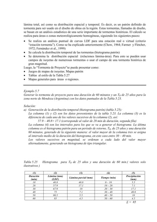 lámina total, así como su distribución espacial y temporal. Es decir, es un patrón definido de
tormenta para ser usado en el diseño de obras en la región. Estas tormentas, llamadas de diseño,
se basan en un análisis estadístico de una serie importante de tormentas históricas. El cálculo se
realiza para áreas o zonas meteorológicamente homogéneas, siguiendo los siguientes pasos:
• Se realiza un análisis puntual de curvas LDF para una estación real o virtual (criterio
“estación tormenta”). Como se ha explicado anteriormente (Chow, 1964; Farmer y Fletcher,
1972; Fernández et al., 1999)
• Se calcula la distribución temporal de las tormentas (hietograma patrón)
• Se determina la distribución espacial (relaciones lámina-área). Para esto se pueden usar
campos de isoyetas de numerosas tormentas o usar el campo de una tormenta histórica de
gran magnitud.
Luego, la “Tormenta de Proyecto”se puede presentar como:
• Juegos de mapas de isoyetas. Mapas patrón
• Tablas al estilo de la Tabla 5.27
• Mapas generales para áreas o regiones.
Ejemplo 5.7
Generar la tormenta de proyecto para una duración de 60 minutos y un TR de 25 años para la
zona norte de Mendoza (Argentina) con los datos puntuales de la Tabla 5.23.
Solución:
a) Generación de la distribución temporal (hietograma patrón) (tabla 5.25):
La columna (1) y (2) son los datos provenientes de la tabla 5.23. La columna (3) es la
diferencia de cada uno de los valores sucesivos de la columna (2), así:
57.9 – 40.8= 17.1 (corresponde al valor de 20 min de duración, segunda fila)
La columna (4) son los intervalos para los que se va a generar el hietograma. La última
columna es el hietograma patrón para un periodo de retorno, TR, de 25 años y una duración
60 minutos, generado de la siguiente manera: el valor mayor de la columna tres se asigna
al intervalo medio de la duración del hietograma, en este caso entre 30 – 40 min.
Los valores sucesivos en magnitud, se ordenan a cada lado del valor mayor
alternadamente, generando un hietograma de tipo triangular.
Tabla 5.25 Hietograma para TR de 25 años y una duración de 60 min.( valores solo
ilustrativos )
(1) (2) (3) (4) (5)
Duración
(min)
Lámina (mm)
(LDF)
Lámina parcial (mm) Tiempo (min)
Precipitación
(mm)
10 40.8 40.8 0 – 10 5.5
20 57.9 17.1 10 – 20 7.1
30 67.9 10 20 – 30 17.1
40 75 7.1 30 – 40 40.8
50 80.5 5.5 40 – 50 10
60 85 4.5 50 – 60 4.5
Σ = 85
 
