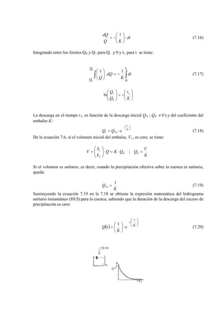 dt
KQ
dQ
⋅





−=
1
(7.16)
Integrando entre los límites Q0 y Q1 para Q, y 0 y t1 para t se tiene:
∫∫ −=




 11
0
1
.
1
tQ
Q
dt
K
dQ
Q
o
(7.17)






−=





K
t
Q
Q 1
0
1
ln
La descarga en el tiempo t1, es función de la descarga inicial Q0 ; Q0 0=/ ) y del coeficiente del
embalse K:






−
⋅= K
t
eQQ
1
01 . (7.18)
De la ecuación 7.6, sí el volumen inicial del embalse, Vo, es cero, se tiene:
K
V
QQKQ
k
k
V =⋅=⋅





= 00
2
1
;
Si el volumen es unitario, es decir, cuando la precipitación efectiva sobre la cuenca es unitaria,
queda:
K
Q
1
.0 = (7.19)
Sustituyendo la ecuación 7.19 en la 7.18 se obtiene la expresión matemática del hidrograma
unitario instantáneo (HUI) para la cuenca, sabiendo que la duración de la descarga del exceso de
precipitación es cero:
( )






−
⋅





= K
t
e
K
tQ
1
(7.20)
 