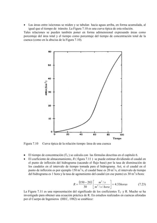 • Las áreas entre isócronas se miden y se tabulan hacia aguas arriba, en forma acumulada, al
igual que el tiempo de tránsito. La Figura 7.10 es una curva típica de esta relación.
Tales relaciones se pueden también poner en forma adimensional expresando áreas como
porcentaje del área total y el tiempo como porcentaje del tiempo de concentración total de la
cuenca (como en la abscisa de la Figura 7.10).
Figura 7.10 Curva típica de la relación tiempo /área de una cuenca
• El tiempo de concentración (TC
• El coeficiente de almacenamiento, R ( figura 7.11 ) se puede estimar dividiendo el caudal en
el punto de inflexión del hidrograma (sacando el flujo base) por la tasa de disminución de
los caudales en el intervalo de tiempo tomada para el hidrograma. Así, si el caudal en el
punto de inflexión es por ejemplo 150 m
) se calcula con las fórmulas descritas en el capítulo 6.
3
/s, el caudal base es 20 m3
/s, el intervalo de tiempo
del hidrograma es 1 hora y la tasa de agotamiento del caudal (en ese punto) es 30 m3
/s/hora:
( ) horas
horasm
sm
R 33.4
//
/
30
20150
3
3
=




−
= (7.23)
La Figura 7.11 es una representación del significado de los coeficientes TC y R. Mucho se ha
investigado para obtener una ecuación práctica de R. En estudios realizados en cuencas aforadas
por el Cuerpo de Ingenieros (HEC, 1982) se establece:
 