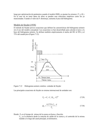 luego por optimización de parámetros usando el modelo HMS, se ajustan los mismos ( Tc y R ).
En el caso de no tener datos de aforo se pueden usar relaciones empíricas como las ya
mencionadas. Cuando el valor de R disminuye, aumenta el pico del hidrograma.
Modelo de Snyder (1938)
El método de Snyder provee ecuaciones que definen las características del hidrograma unitario
sin el uso del modelo conceptual. Las ecuaciones se han desarrollado para calcular el pico y la
base del hidrograma unitario. Se definen también empíricamente el ancho del HU al 50% y al
75% del caudal pico (Figura 7.12).
Figura 7.12 Hidrograma unitario sintético estándar de Snyder
Las principales ecuaciones de Snyder en sistema internacional de unidades son:
( ) 3.0
cat1R LLCCT ⋅⋅⋅= (7.29)
p
p
p
T
AC2778.0
Q
⋅⋅
= (7.30)
Donde: TR
L
es el tiempo de retraso de la cuenca en horas y fracción.
ca es la distancia desde la estación de salida de la cuenca y el centroide de la misma
medido a lo largo del canal principal, en kilómetros.
 