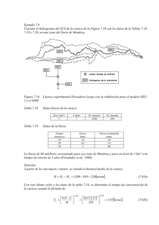 Ejemplo 7.4
Calcular el hidrograma del SCS de la cuenca de la Figura 7.18 con los datos de la Tablas 7.18,
7.19 y 7.20, en una zona del Norte de Mendoza.
Figura 7.18 Cuenca experimental Divisadero Largo con la subdivisión para el modelo HEC-
1 o el HMS
Tabla 7.18 Datos físicos de la cuenca
Área (km2
L (km)) H1 H(msnm) 2 (msnm)
5 7 1200 950
Tabla 7.19 Datos de la lluvia
Tiempo
(minutos)
Lluvia
(mm)
Lluvia acumulada
(mm)
20 10 10
20 45 55
20 5 60
La lluvia de 60 mm/hora corresponde para esa zona de Mendoza y para un área de 5 km2
a un
tiempo de retorno de 5 años (Fernández et al., 1999).
Solución:
A partir de la cota mayor y menor, se calcula el desnivel medio de la cuenca:
[ ]msnm2509501200HHH 21 =−=−= (7.65a)
Con este último valor y los datos de la tabla 7.18, se determina el tiempo de concentración de
la cuenca, usando la fórmula de
( ) ( ) [ ]horas07.1
250
787.0
H
L87.0
T
385.03385.03
C =






 ⋅
=




 ⋅
= (7.65b)
 