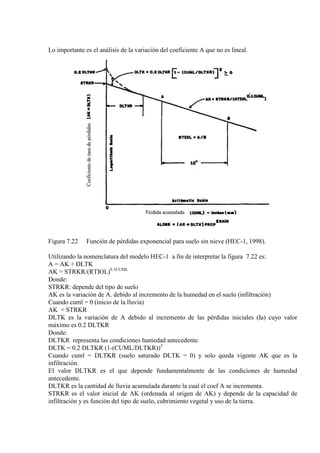 Lo importante es el análisis de la variación del coeficiente A que no es lineal.
Figura 7.22 Función de pérdidas exponencial para suelo sin nieve (HEC-1, 1998).
Utilizando la nomenclatura del modelo HEC-1 a fin de interpretar la figura 7.22 es:
A = AK + DLTK
AK = STRKR/(RTIOL)
Donde:
0.1CUML
STRKR: depende del tipo de suelo
AK es la variación de A. debido al incremento de la humedad en el suelo (infiltración)
Cuando cuml = 0 (inicio de la lluvia)
AK = STRKR
DLTK es la variación de A debido al incremento de las pérdidas iniciales (Ia) cuyo valor
máximo es 0.2 DLTKR
Donde:
DLTKR representa las condiciones humedad antecedente.
DLTK = 0.2 DLTKR (1-(CUML/DLTKR))
Cuando cuml = DLTKR (suelo saturado DLTK = 0) y solo queda vigente AK que es la
infiltración.
2
El valor DLTKR es el que depende fundamentalmente de las condiciones de humedad
antecedente.
DLTKR es la cantidad de lluvia acumulada durante la cual el coef A se incrementa.
STRKR es el valor inicial de AK (ordenada al origen de AK) y depende de la capacidad de
infiltración y es función del tipo de suelo, cubrimiento vegetal y uso de la tierra.
 