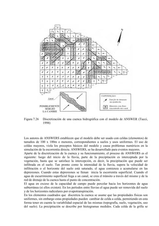 Figura 7.26 Discretización de una cuenca hidrográfica con el modelo de ANSWER (Tucci,
1998)
Los autores de ANSWERS establecen que el modelo debe ser usado con celdas (elementos) de
tamaños de 100 x 100m o menores, correspondientes a suelos y usos uniformes. El uso de
celdas mayores, viola los preceptos básicos del modelo y causa problemas numéricos en la
simulación de la escorrentía directa. ANSWERS, se ha desarrollado para eventos mayores.
Aparte de la discretización de la cuenca y su funcionamiento, el proceso de ANSWERS es el
siguiente: luego del inicio de la lluvia, parte de la precipitación es interceptada por la
vegetación, hasta que se satisface la intercepción, es decir, la precipitación que puede ser
infiltrada en el suelo. Tan pronto como la intensidad de la lluvia, supera la velocidad de
infiltración o el horizonte del suelo está saturado, el agua comienza a acumularse en las
depresiones. Cuando estas depresiones se llenan inicia la escorrentía superficial. Cuando el
agua de escurrimiento superficial llega a un canal, se crea el tránsito a través del mismo y de la
red de drenaje de la cuenca hasta el punto de concentración.
El agua en exceso de la capacidad de campo puede percolar hacia los horizontes de agua
subterránea (si ellos existen). En los períodos entre lluvias el agua puede ser removida del suelo
y de los horizontes radiculares por evapotranspiración.
En los elementos cuadrados que discretiza la cuenca se asume que las propiedades físicas son
uniformes, sin embargo estas propiedades pueden cambiar de celda a celda, permitiendo en esta
forma tener en cuenta la variabilidad espacial de las mismas (topografía, suelo, vegetación, uso
del suelo). La precipitación se describe por hietogramas medidos. Cada celda de la grilla se
 