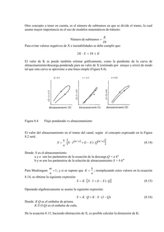 Otro concepto a tener en cuenta, es el número de subtramos en que se divide el tramo, lo cual
asume mayor importancia en el uso de modelos matemáticos de tránsito:
Dt
K
=subtramosdeNúmero
Para evitar valores negativos de X e inestabilidades se debe cumplir que:
KDtXK ≤<⋅2
El valor de K se puede también estimar gráficamente, como la pendiente de la curva de
almacenamiento/descarga ponderada para un valor de X (estimado por ensayo y error) de modo
tal que esta curva se aproxime a una línea simple (Figura 8.4).
Figura 8.4 Flujo ponderado vs almacenamiento
El valor del almacenamiento en el tramo del canal, según el concepto expresado en la Figura
8.2 será:
( ) ( )[ ]nmnm
QXIX
a
b
S //
)1( ⋅−+⋅⋅= (8.14)
Donde: S es el almacenamiento.
a y n son los parámetros de la ecuación de la descarga Q = a h
b y m son los parámetros de la relación de almacenamiento S = b h
n
m
Para Muskingum 1=
n
m
, y si se supone que
a
b
K = ; reemplazando estos valores en la ecuación
8.14, se obtiene la siguiente expresión:
[ ]QXIXKS ⋅−+⋅⋅= )1( (8.15)
Operando algebraicamente se asume la siguiente expresión:
)( QIXKQKS −⋅⋅+⋅= (8.16)
Donde: K·Q es el embalse de prisma.
K·X·(I-Q) es el embalse de cuña.
De la ecuación 8.15, haciendo abstracción de X, es posible calcular la dimensión de K:
 