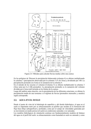 Figura 2.4 Métodos para calcular lluvias medias sobre una cuenca
En los poliginos de Thiessen la precipitación balanceada (columna 4) se obtiene multiplicando
la columna 1 (precipitación observada) por la columna 3 (% de Área) y dividiendo por 100. La
precipitación promedio en el área es la sumatoria de la columna 4.
En el método de las isoyetas el volumen (Columna 5) se obtiene multiplicando la columna 3
(Área neta) por la 4 (Pp promedio). La precipitación promedio es la sumatoria del volumen
dividido por el área total incluida en los límites de la cuenca.
Luego del análisis antes descrito, con la precipitación de las diferentes estaciones, se obtiene la
precipitación media de una tormenta o el régimen de lluvias (promedios mensuales y anuales)
según corresponda.
2.2. AGUA EN EL SUELO
Desde el punto de vista de la hidrología de superficie y del diseño hidrológico, el agua en el
suelo es importante tanto por su almacenamiento en perfiles que inciden en la formación del
flujo base (flujo subsuperficial y profundo), como por el campo de velocidades generadas por
su movimiento en medio poroso (el suelo) en condiciones saturadas o no saturadas.
Los modelos hidrológicos de simulación continua son fundamentalmente modelos de balance
del agua en el perfil del suelo: su almacenamiento como humedad en suelo no saturado y como
 