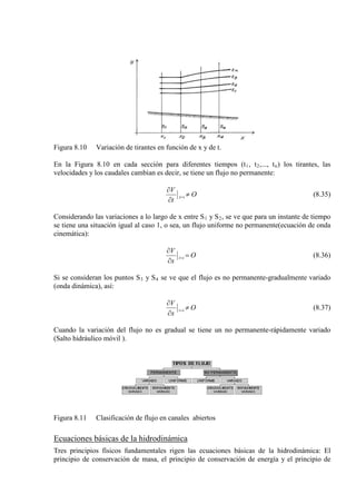 Figura 8.10 Variación de tirantes en función de x y de t.
En la Figura 8.10 en cada sección para diferentes tiempos (t1, t2,..., tn) los tirantes, las
velocidades y los caudales cambian es decir, se tiene un flujo no permanente:
O
t
V
ix ≠
∂
∂
= (8.35)
Considerando las variaciones a lo largo de x entre S1 y S2, se ve que para un instante de tiempo
se tiene una situación igual al caso 1, o sea, un flujo uniforme no permanente(ecuación de onda
cinemática):
O
x
V
it =
∂
∂
= (8.36)
Si se consideran los puntos S3 y S4 se ve que el flujo es no permanente-gradualmente variado
(onda dinámica), así:
O
x
V
it ≠
∂
∂
= (8.37)
Cuando la variación del flujo no es gradual se tiene un no permanente-rápidamente variado
(Salto hidráulico móvil ).
Figura 8.11 Clasificación de flujo en canales abiertos
Ecuaciones básicas de la hidrodinámica
Tres principios físicos fundamentales rigen las ecuaciones básicas de la hidrodinámica: El
principio de conservación de masa, el principio de conservación de energía y el principio de
 