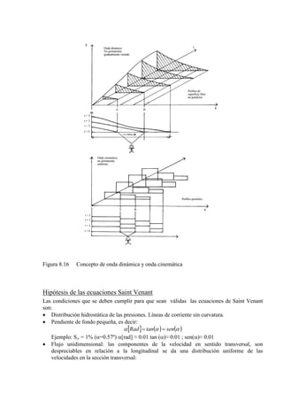 Figura 8.16 Concepto de onda dinámica y onda cinemática
Hipótesis de las ecuaciones Saint Venant
Las condiciones que se deben cumplir para que sean válidas las ecuaciones de Saint Venant
son:
• Distribución hidrostática de las presiones. Líneas de corriente sin curvatura.
• Pendiente de fondo pequeña, es decir:
[ ] ( ) ( )ααα sentanRad ==
Ejemplo: So
• Flujo unidimensional: las componentes de la velocidad en sentido transversal, son
despreciables en relación a la longitudinal se da una distribución uniforme de las
velocidades en la sección transversal:
= 1% (α=0.57º) α[rad] ≈ 0.01 tan (α)≈ 0.01 ; sen(α)≈ 0.01
 