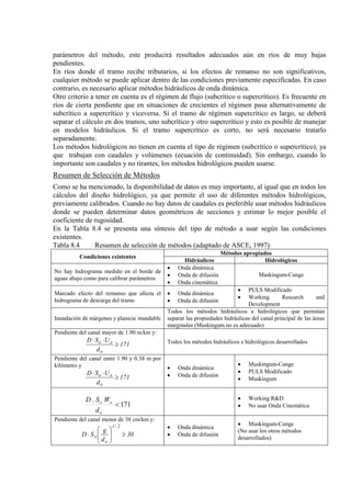 parámetros del método, este producirá resultados adecuados aún en ríos de muy bajas
pendientes.
En ríos donde el tramo recibe tributarios, si los efectos de remanso no son significativos,
cualquier método se puede aplicar dentro de las condiciones previamente especificadas. En caso
contrario, es necesario aplicar métodos hidráulicos de onda dinámica.
Otro criterio a tener en cuenta es el régimen de flujo (subcrítico o supercrítico). Es frecuente en
ríos de cierta pendiente que en situaciones de crecientes el régimen pasa alternativamente de
subcrítico a supercrítico y viceversa. Si el tramo de régimen supercrítico es largo, se deberá
separar el cálculo en dos tramos, uno subcrítico y otro supercrítico y esto es posible de manejar
en modelos hidráulicos. Si el tramo supercrítico es corto, no será necesario tratarlo
separadamente.
Los métodos hidrológicos no tienen en cuenta el tipo de régimen (subcrítico o supercrítico), ya
que trabajan con caudales y volúmenes (ecuación de continuidad). Sin embargo, cuando lo
importante son caudales y no tirantes, los métodos hidrológicos pueden usarse.
Resumen de Selección de Métodos
Como se ha mencionado, la disponibilidad de datos es muy importante, al igual que en todos los
cálculos del diseño hidrológico, ya que permite el uso de diferentes métodos hidrológicos,
previamente calibrados. Cuando no hay datos de caudales es preferible usar métodos hidráulicos
donde se pueden determinar datos geométricos de secciones y estimar lo mejor posible el
coeficiente de rugosidad.
En la Tabla 8.4 se presenta una síntesis del tipo de método a usar según las condiciones
existentes.
Tabla 8.4 Resumen de selección de métodos (adaptado de ASCE, 1997)
Condiciones existentes
Métodos apropiados
Hidráulicos Hidrológicos
No hay hidrograma medido en el borde de
aguas abajo como para calibrar parámetros
• Onda dinámica
• Onda de difusión
• Onda cinemática
Maskingum-Cunge
Marcado efecto del remanso que afecta el
hidrograma de descarga del tramo
• Onda dinámica
• Onda de difusión
• PULS Modificado
• Working Research and
Development
Inundación de márgenes y planicie inundable
Todos los métodos hidráulicos e hidrológicos que permitan
separar las propiedades hidráulicas del canal principal de las áreas
marginales (Muskingum no es adecuado)
Pendiente del canal mayor de 1.90 m/km y:
171
d
USD
o
oo
≥
⋅⋅ Todos los métodos hidráulicos e hidrológicos desarrollados
Pendiente del canal entre 1.90 y 0.38 m por
kilómetro y
171
d
USD
o
oo
≥
⋅⋅
• Onda dinámica
• Onda de difusión
• Muskingum-Cunge
• PULS Modificado
• Muskingum
171
.
<
o
oo
d
WSD • Working R&D
• No usar Onda Cinemática
Pendiente del canal menor de 38 cm/km y:
30
d
g
SD
2/1
o
o ≥





⋅
• Onda dinámica
• Onda de difusión
• Muskingum-Cunge
(No usar los otros métodos
desarrollados)
 