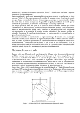 menores de 2 micrones de diámetro son arcillas, desde 2 a 50 micrones son limos y aquellas
mayores de 50 micrones arenas.
La porosidad total y por lo tanto la capacidad de retener agua es mayor en arcillas que en limos
y arenas (Tabla 2.2). Tan importante como la cantidad de agua que retiene el suelo es la energía
con que el agua es retenida. En términos simples, se puede decir que en suelos saturados el agua
del perfil tiene la misma energía que el agua libre a igual profundidad. A medida que el
contenido de agua decrece, el remanente es retenido por adsorción y capilaridad.
La energía potencial total del agua en el suelo se puede considerar formada por cuatro
componentes: un potencial matriz o capilar debido a la atracción del agua y las partículas del
suelo; un potencial osmótico debido a sales disueltas; un potencial gravitacional, relacionado
con su posición; y un potencial de presión (presión hidrostática). En suelos o perfiles no
saturados el potencial de presión es insignificante y en suelos saturados el potencial capilar es
generalmente insignificante.
En suelos no saturados la succión matriz se expresa como agua de tensión, como energía por
unidad de volumen, con la dimensión de la presión (bar). Cuando se trabaja con suelos donde se
toma en cuenta el potencial gravitacional es conveniente expresar la energía en función de la
altura hidráulica. La transformación es simple, ya que un bar de succión equivale a 10 m de
altura, con un cierto grado de aproximación. Esta forma de expresión se hace aún más adecuada
cuando se trabaja con perfiles saturados y no saturados simultáneamente.
Movimiento del agua en el suelo
Cuando existe una diferencia en la energía potencial del agua entre dos puntos diferentes del
perfil del suelo, el agua se moverá desde el punto de mayor al de menor energía. Como esta
condición se puede deber a la diferencia en la fuerza de gravedad o a la succión matriz, el agua
se puede mover en el suelo a favor o en contra de la gravedad y hacia altas o bajas succiones,
dependiendo de la suma de los dos componentes de la energía. En los casos de suelos saturados
y no saturados el análisis cuantitativo del movimiento del agua se basa en el concepto que el
volumen del flujo de agua es proporcional al gradiente de la energía potencial.
Henry Darcy (Darcy, 1856) siendo Ingeniero de Aguas Públicas de la Villa de Dijon en Francia,
publica en 1856 un trabajo experimental donde expresa la ley fundamental del movimiento del
agua en medios permeables. La verificación experimental de la Ley de Darcy, se puede realizar
con un sencillo dispositivo como el de la Figura 2.6.
Figura 2.6 Distribución de presiones en una columna de arena
 