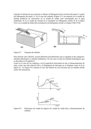 Calcular el tránsito de una creciente es obtener el hidrograma de la creciente del punto C a partir
del hidrograma del punto A. En el caso del embalse (Figura 9.7), un aumento en el caudal de
entrada producirá un incremento en el caudal de salida, pero amortiguado por el agua
embalsada. Si en el caudal de entrada (I) se produjera un hidrograma similar al de la figura
9.6A, en el caudal de salida (Q) se produciría un hidrograma similar a la figura 9.6B ó 9.6C
Figura 9.7 Esquema de embalse
Para efectuar estos cálculos, existen diferentes procedimientos que se agrupan en dos categorías:
métodos hidrológicos y métodos hidráulicos. En este caso se usan los métodos hidrológicos que
se describen en el capítulo 8.
Como en el caso de los embalses a nivel (superficie horizontal) no hay el almacenamiento de
cuña, existe una sóla relación h/Q y el hidrograma de descarga no se desplaza como el de la
figura 8.1. La Figura 9.9, muestra el caso del tránsito de una creciente por un embalse donde
existe sólo atenuación.
Figura 9.8 Relaciones de caudal de ingreso (I), caudal de salida (Q) y almacenamiento de
embalse
 