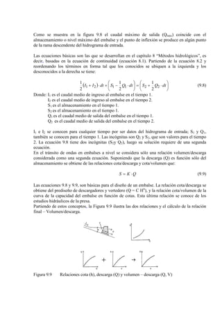 Como se muestra en la figura 9.8 el caudal máximo de salida (Qmáx) coincide con el
almacenamiento o nivel máximo del embalse y el punto de inflexión se produce en algún punto
de la rama descendente del hidrograma de entrada.
Las ecuaciones básicas son las que se desarrollan en el capítulo 8 “Métodos hidrológicos”, es
decir, basadas en la ecuación de continuidad (ecuación 8.1). Partiendo de la ecuación 8.2 y
reordenando los términos en forma tal que los conocidos se ubiquen a la izquierda y los
desconocidos a la derecha se tiene:
( ) 





⋅+=





⋅−+⋅+ dtQSdtQSdtII 221121
2
1
2
1
2
1
(9.8)
Donde: I1 es el caudal medio de ingreso al embalse en el tiempo 1.
I2 es el caudal medio de ingreso al embalse en el tiempo 2.
S1 es el almacenamiento en el tiempo 1.
S2 es el almacenamiento en el tiempo 1.
Q1 es el caudal medio de salida del embalse en el tiempo 1.
Q2 es el caudal medio de salida del embalse en el tiempo 2.
I1 e I2 se conocen para cualquier tiempo por ser datos del hidrograma de entrada; S1 y Q1,
también se conocen para el tiempo 1. Las incógnitas son Q2 y S2, que son valores para el tiempo
2. La ecuación 9.8 tiene dos incógnitas (S2y Q2), luego su solución requiere de una segunda
ecuación.
En el tránsito de ondas en embalses a nivel se considera sólo una relación volumen/descarga
considerada como una segunda ecuación. Suponiendo que la descarga (Q) es función sólo del
almacenamiento se obtiene de las relaciones cota/descarga y cota/volumen que:
QKS ⋅= (9.9)
Las ecuaciones 9.8 y 9.9, son básicas para el diseño de un embalse. La relación cota/descarga se
obtiene del prediseño de descargadores y vertedero (Q = C Hn
), y la relación cota/volumen de la
curva de la capacidad del embalse en función de cotas. Esta última relación se conoce de los
estudios hidráulicos de la presa.
Partiendo de estos conceptos, la Figura 9.9 ilustra las dos relaciones y el cálculo de la relación
final – Volumen/descarga.
Figura 9.9 Relaciones cota (h), descarga (Q) y volumen – descarga (Q, V)
 