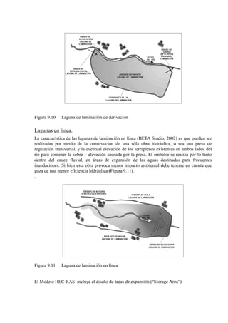 Figura 9.10 Laguna de laminación de derivación
Lagunas en línea.
La característica de las lagunas de laminación en línea (BETA Studio, 2002) es que pueden ser
realizadas por medio de la construcción de una sóla obra hidráulica, o sea una presa de
regulación transversal, y la eventual elevación de los terraplenes existentes en ambos lados del
río para contener la sobre – elevación causada por la presa. El embalse se realiza por lo tanto
dentro del cauce fluvial, en áreas de expansión de las aguas destinadas para frecuentes
inundaciones. Si bien esta obra provoca menor impacto ambiental debe tenerse en cuenta que
goza de una menor eficiencia hidráulica (Figura 9.11).
.
Figura 9.11 Laguna de laminación en línea
El Modelo HEC-RAS incluye el diseño de áreas de expansión (“Storage Area”).
 