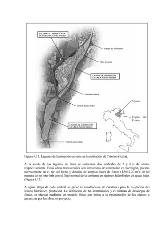 Figura 9.15. Lagunas de laminación en serie en la población de Trissino (Italia).
A la salida de las lagunas en línea se colocaron dos umbrales de 5 y 6 m de altura,
respectivamente. Estas obras transversales son estructuras de contención en hormigón, puestas
normalmente en el eje del lecho y dotadas de amplias luces de fondo (4.50x2.20 m²), de tal
manera de no interferir con el flujo normal de la corriente en régimen hidrológico de aguas bajas
(Figura 9.17).
A aguas abajo de cada umbral se prevé la construcción de escalones para la disipación del
resalto hidráulico producido. La definición de las dimensiones y el número de descargas de
fondo, se efectuó mediante un modelo físico con miras a la optimización de los efectos a
garantizar por las obras en proyecto.
Trissino
Región del
Veneto
 