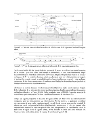 .
Figura 9.16. Sección transversal del vertedero de alimentación de la laguna de laminación aguas
arriba.
Figura 9.17. Vista desde aguas abajo del umbral a la salida de la laguna de aguas arriba.
En el tramo inicial del río, aguas abajo del puente de Trissino, se realizará un ensanchamiento
de la sección que sirve como una trampa de sedimentos, la cual debe mantenerse limpia
mediante remoción periódica del material depositado. El proyecto pretende excavar el cauce y
las lagunas de 3-4 m respecto al estado actual que, fuera de tener los volúmenes necesarios para
la laminación, permite reducir la cota hidrométrica (respecto al terreno externo) y bajar y alargar
las coronas de los diques aumentando el grado de seguridad de las áreas aledañas y disminuir el
impacto ambiental de los diques existentes.
Efectuando el análisis de costo-beneficio se calculó el beneficio medio anual esperado después
de la realización de la intervención, como la diferencia entre el daño ocasionado por inundación
y el daño residuo (ver la Figura 9.14b). Dicho beneficio, igual a 620.000 €, permite recuperar la
inversión en aproximadamente 36 años, considerando una tasa de interés del 5%.
El tipo de laguna propuesta en la zona de aguas arriba (en derivación) es hidráulicamente
compatible con las intervenciones de reforestación. Por tal motivo, se pudieron considerar
intervenciones de gran valor medioambiental con el fin de recrear una amplia variedad de
hábitat que pueda enriquecer la biodiversidad faunística aumentando el valor del paisaje y las
oportunidades recreativas ofrecidas por el sitio. Para este propósito, se consideraron obras de
derivación de agua hacia la laguna lateral, de tal manera de crear una zona húmeda con
funciones tanto ambientales como de recarga de acuíferos (Figura 9.15).
 
